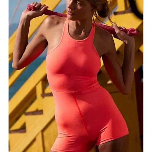 Free People Movement Every Single Time Runsie in Neon Coral sz XS/S - Picture 2 of 6